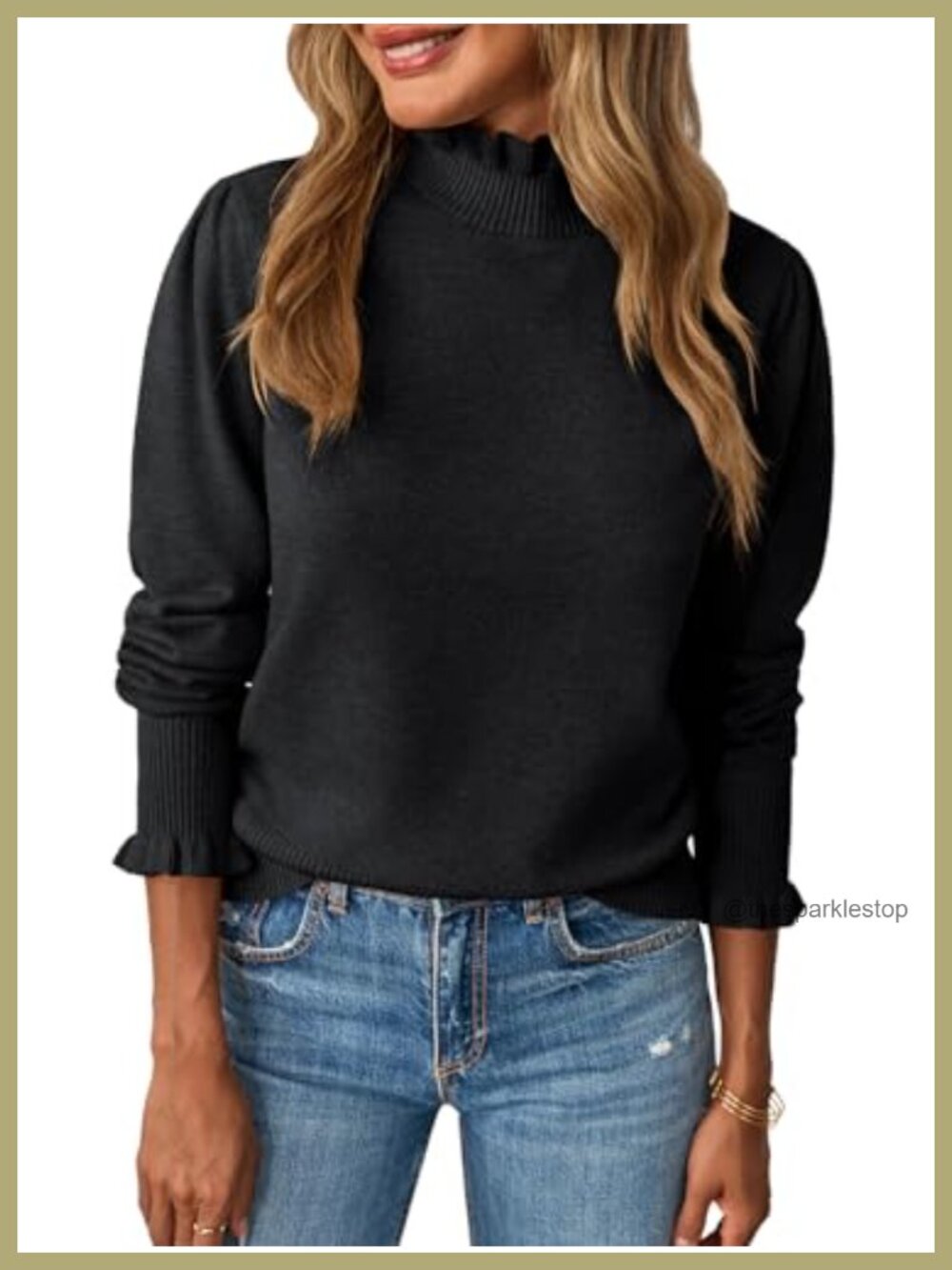 Saodimallsu Womens Ruffle Mock Neck Sweater Puff Sleeve Knit Pullover